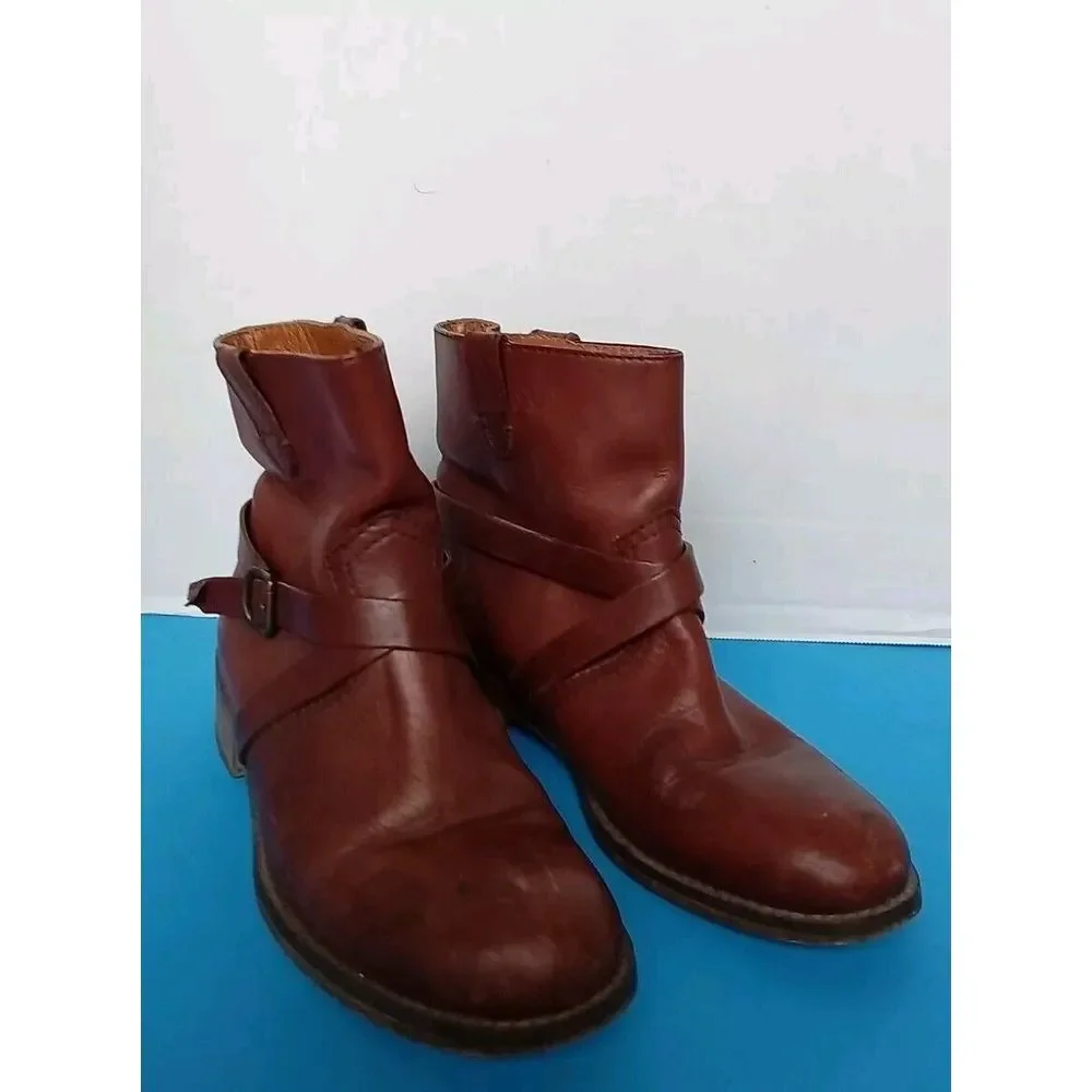 Vintage Brown Leather Ankle Boots‎ with Wrap-Around Buckle Strap Combat Style